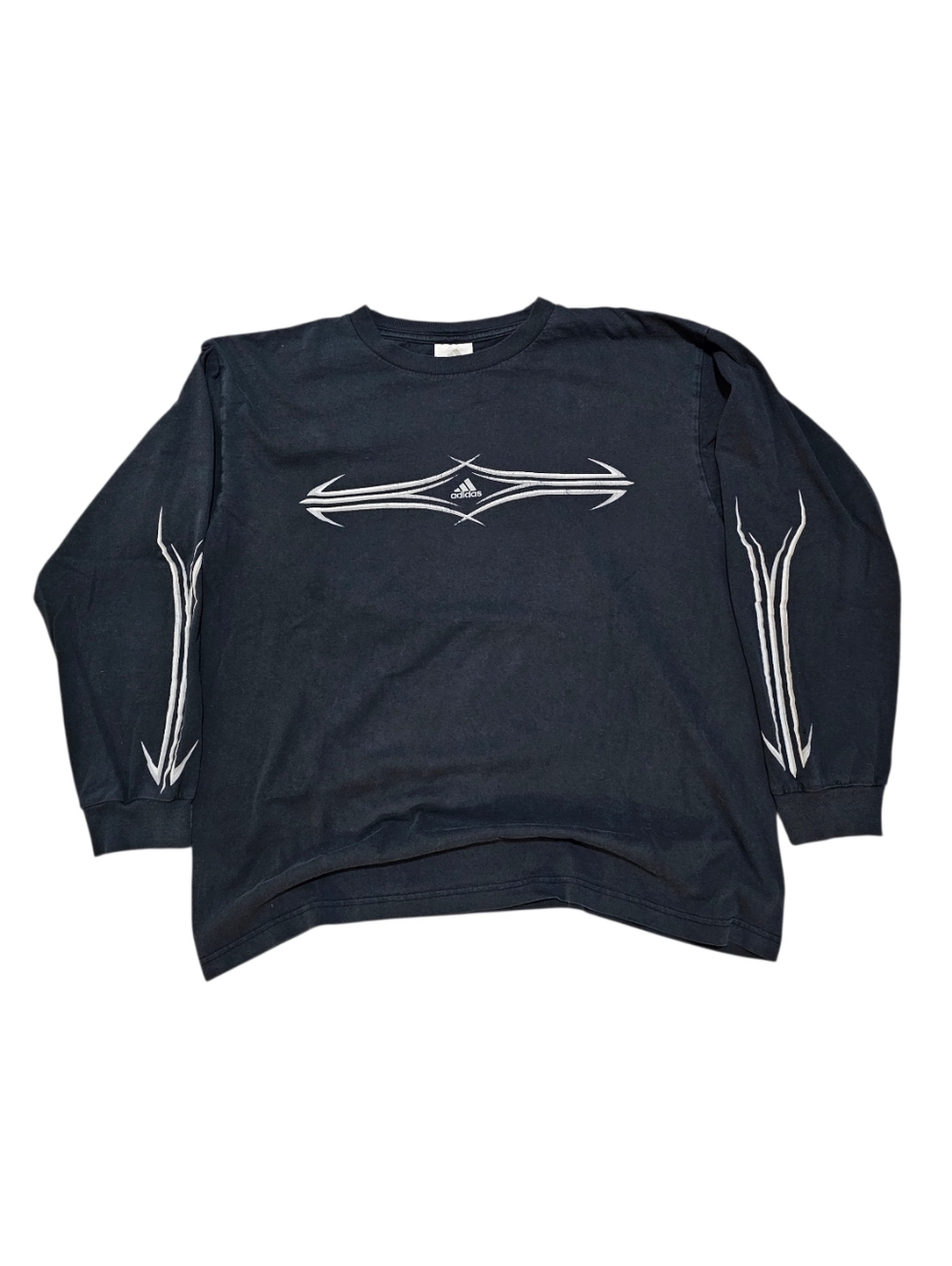 Vintage Y2k Adidas Black Long-Sleeve Graphic Tee with White Tribal Stripes